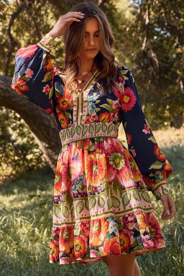 Women’s boho floral mini dress with long puff sleeves and smocked waist